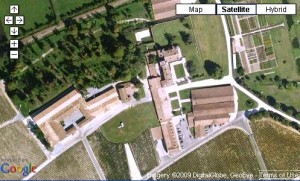 An aerial view of the vineyards and chateau.